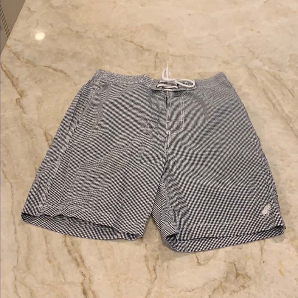Men’s Navy seersucker swim trunks